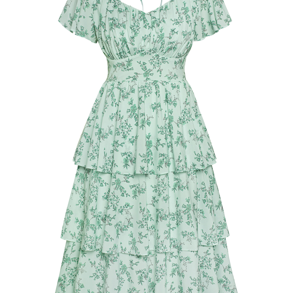 belle poque Floral Print Tiered Ruffle Dress 2026 Summer Vintage A-line Swing Midi Dress Floral green