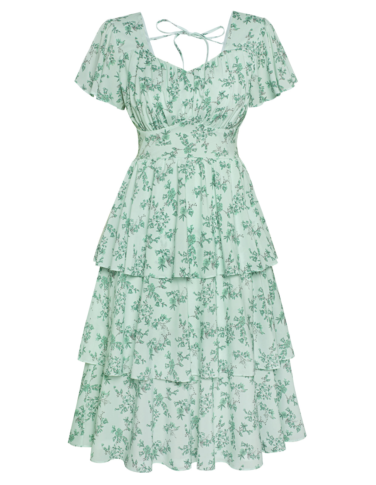 belle poque Floral Print Square Neck Tiered Ruffle Dress 2023 Summer Vintage A-line Swing Midi Dress Floral green