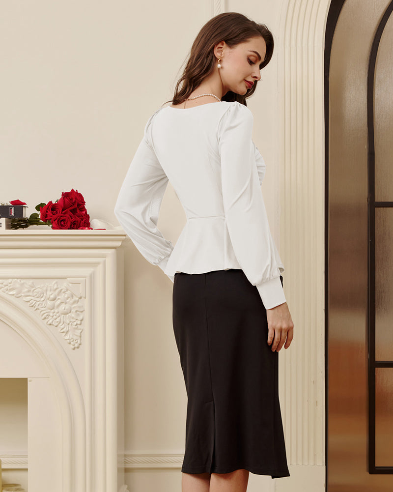 belle poque Women Vintage Ruched Tops Puffed Long Sleeve Peplum Hem Tops