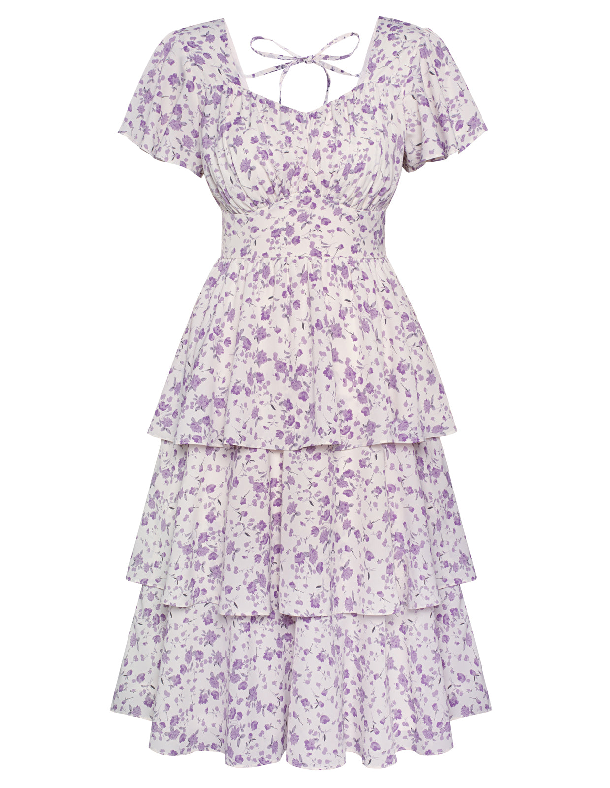 belle poque Floral Print Square Neck Tiered Ruffle Dress 2023 Summer Vintage A-line Swing Midi Dress Floral purple