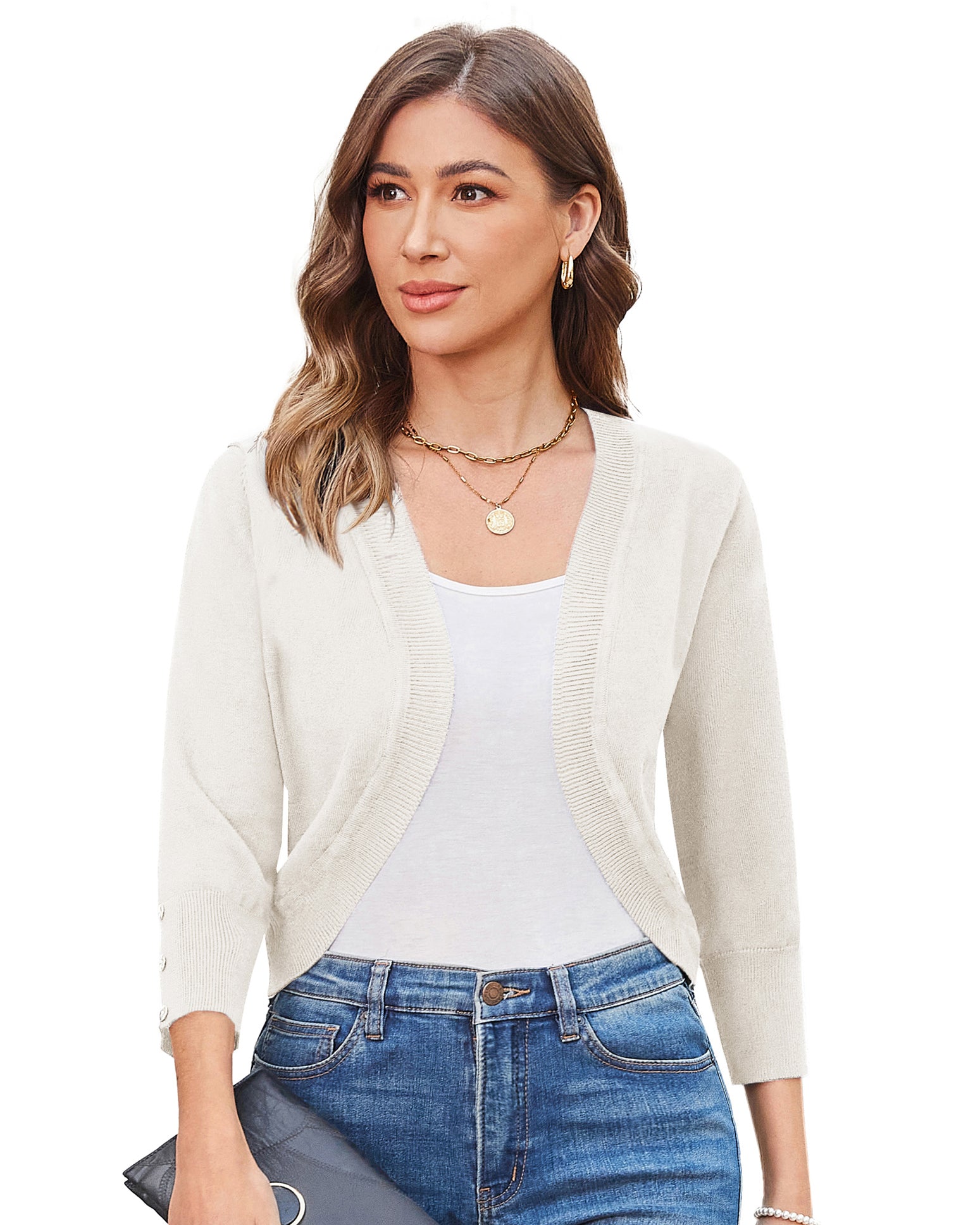 belle poque 3/4 Sleeve Bolero Shrug Open Front Knit Cropped Cardigan Sweater