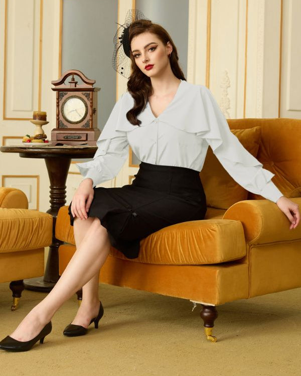 belle poque Seckill Offer⌛Ruffle Decorated Shirt Long Sleeve V-Neck Button-up Tops