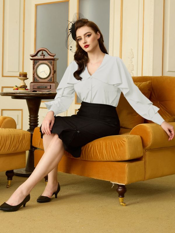 belle poque Seckill Offer⌛Ruffle Decorated Shirt Long Sleeve V-Neck Button-up Tops