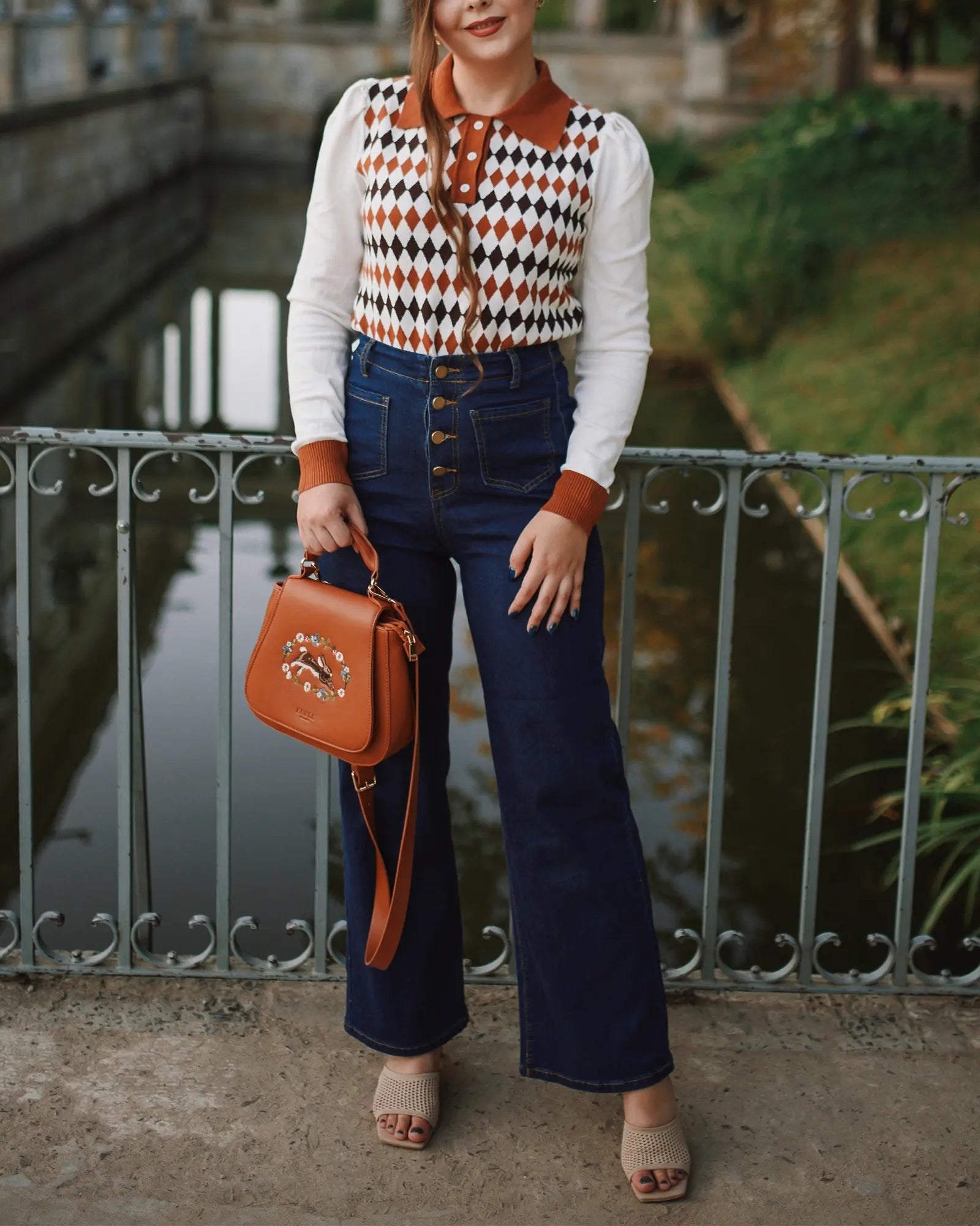 belle poque Vintage Straight Leg High Waisted Elastic Waist Multi-Pocket Flare Denim Pants