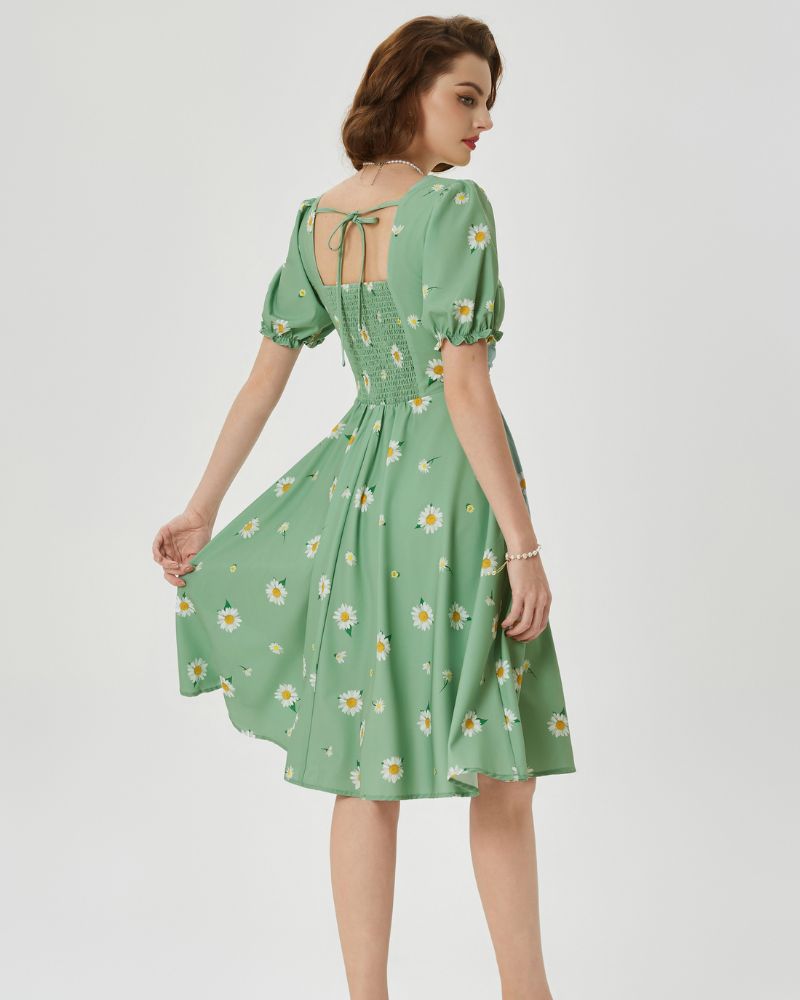 belle poque Vintage Daisy Flower Print Cottagecore Cocktail Dresses Square Neck Puff Sleeve Dress with Pockets