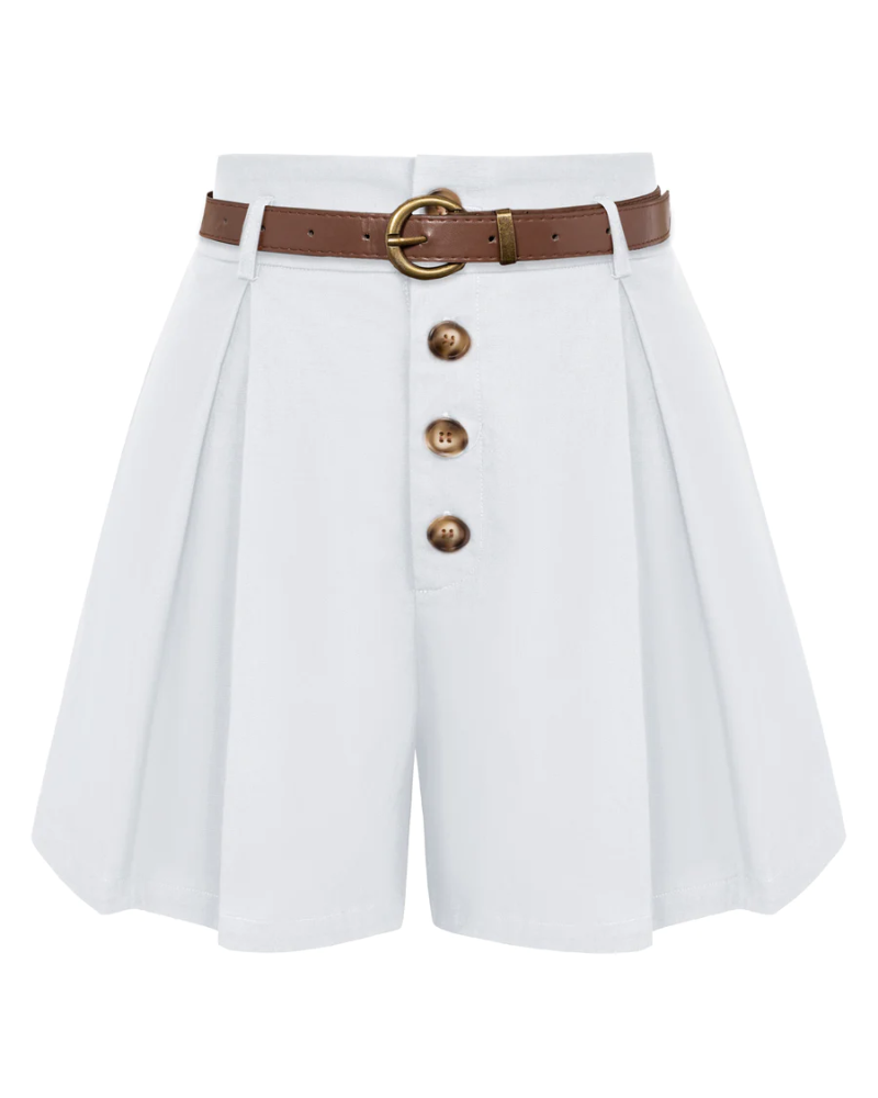 belle poque Womens Shorts Casual High Waisted Summer Pleated Wide Leg Shorts with Pockets and Belt White