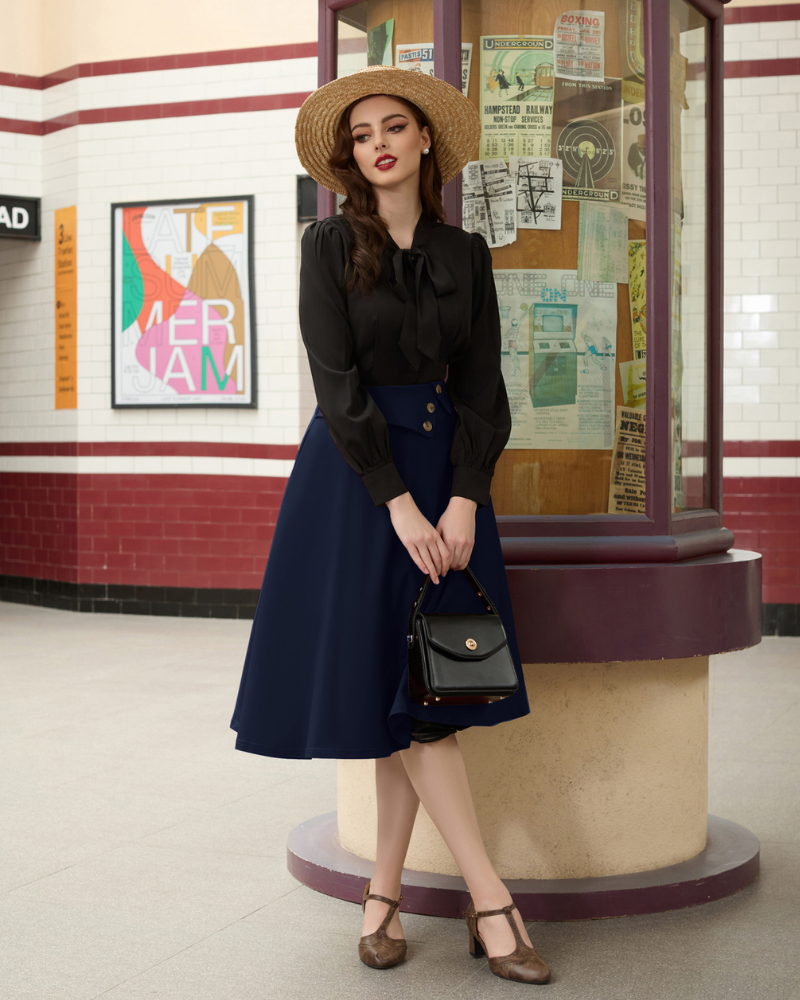 belle poque Vintage A-Line Skirt High Waisted Midi Skirt with Pockets & Buttons