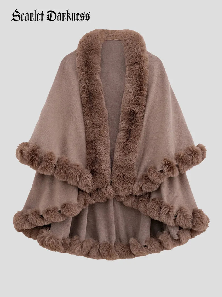 belle poque 1980s Christmas Double-layer Fur Collar Cape Brown 85cm*130cm