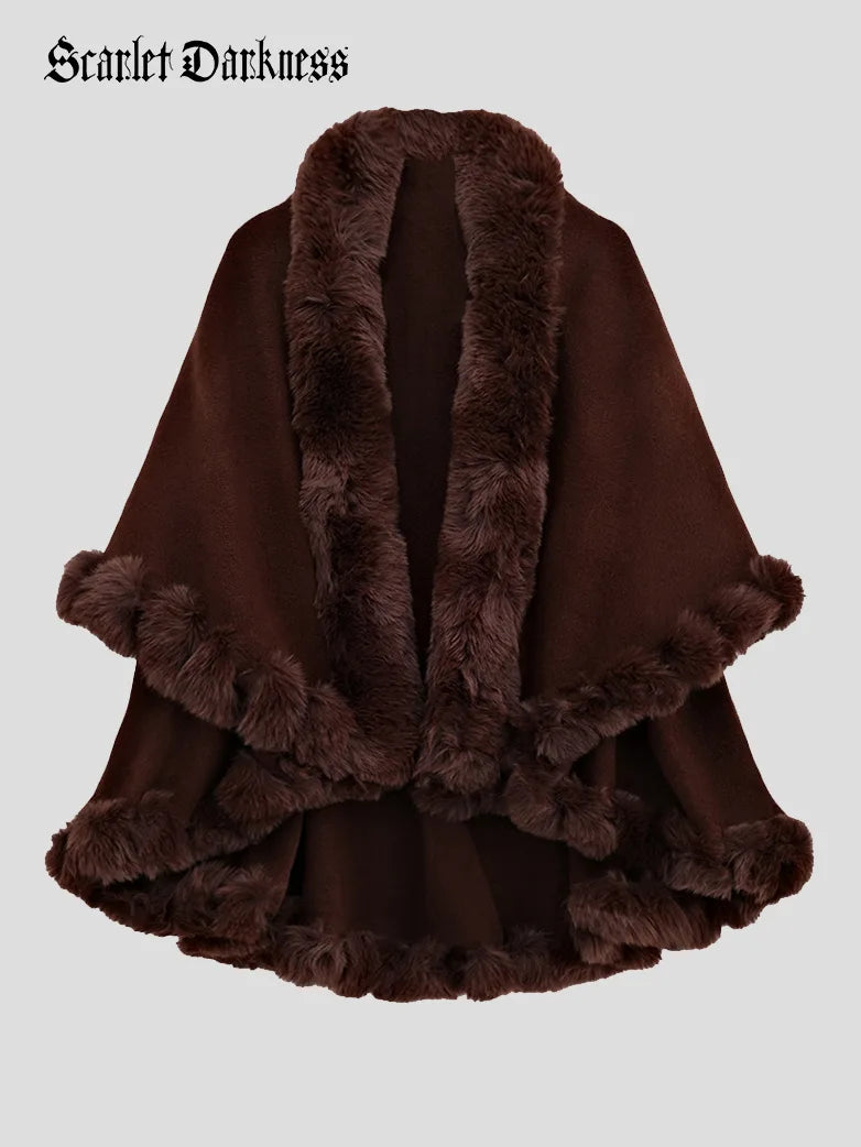 belle poque 1980s Christmas Double-layer Fur Collar Cape Coffee 85cm*130cm