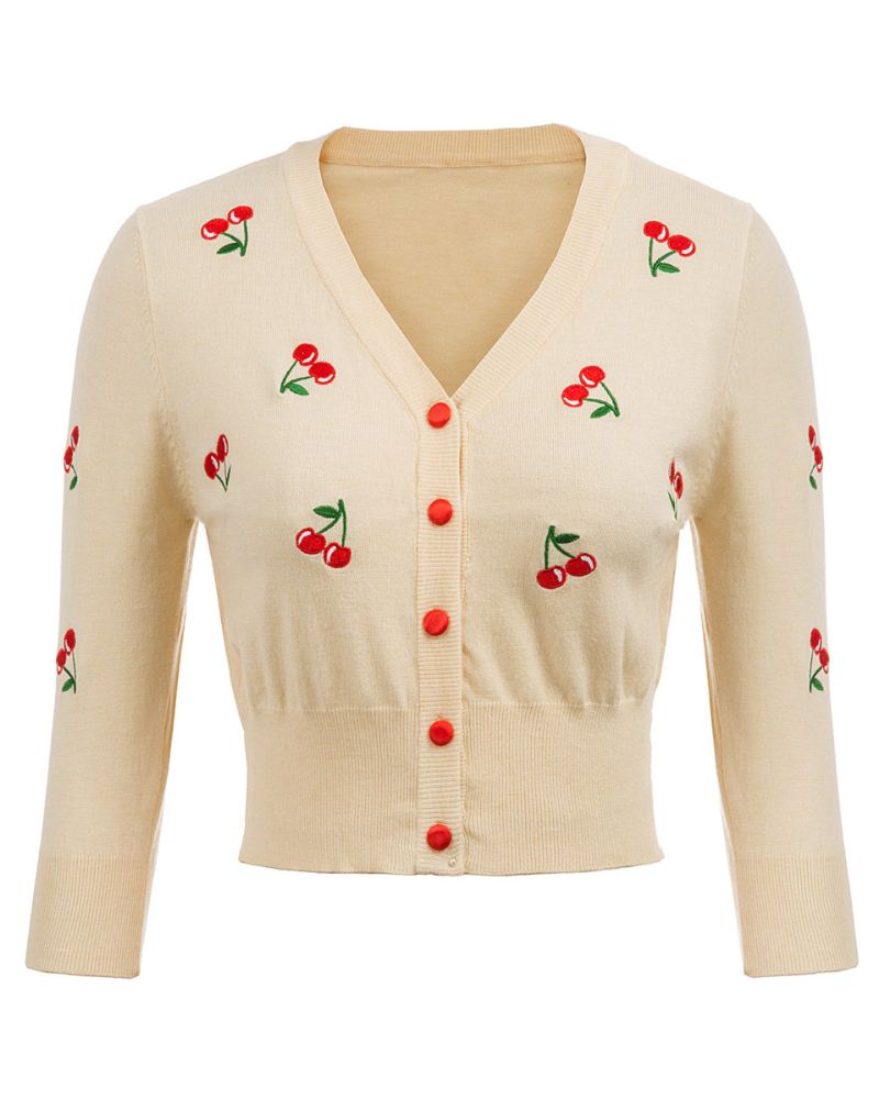 belle poque 3/4 Sleeve V-Neck Button Down Cherries Embroidery Cropped Cardigan Sweater Coat