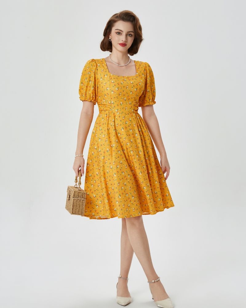 belle poque Vintage Daisy Flower Print Cottagecore Cocktail Dresses Square Neck Puff Sleeve Dress with Pockets