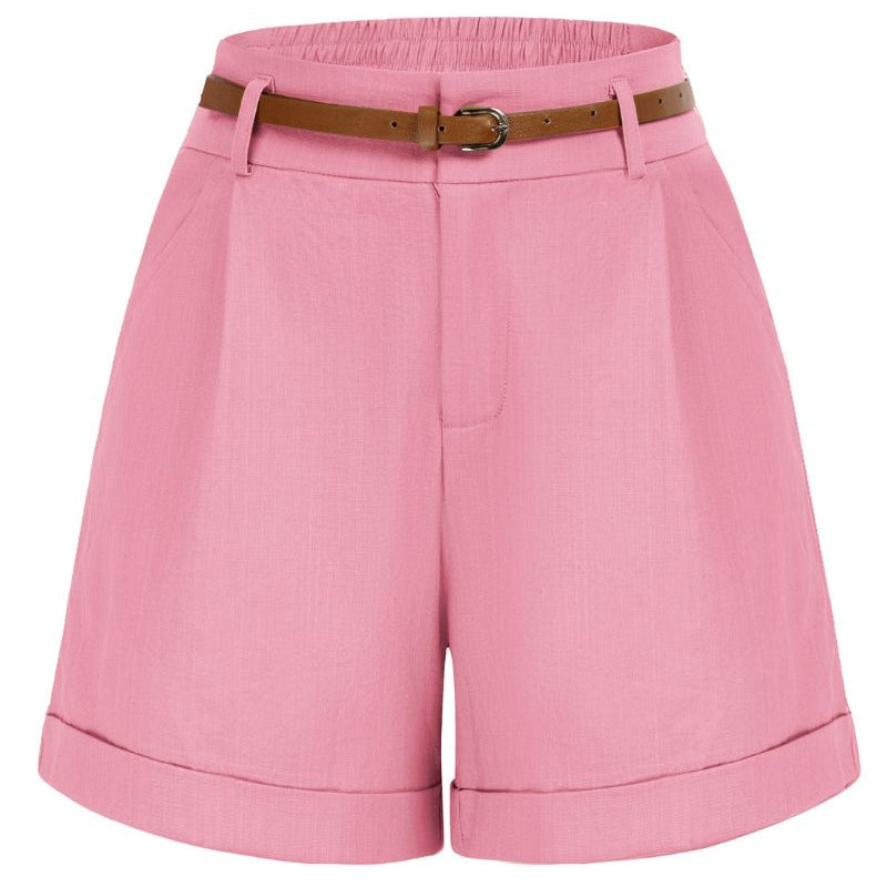 belle poque Elastic Waist Fold-up Leg Opening Cotton Shorts with Belt Pink