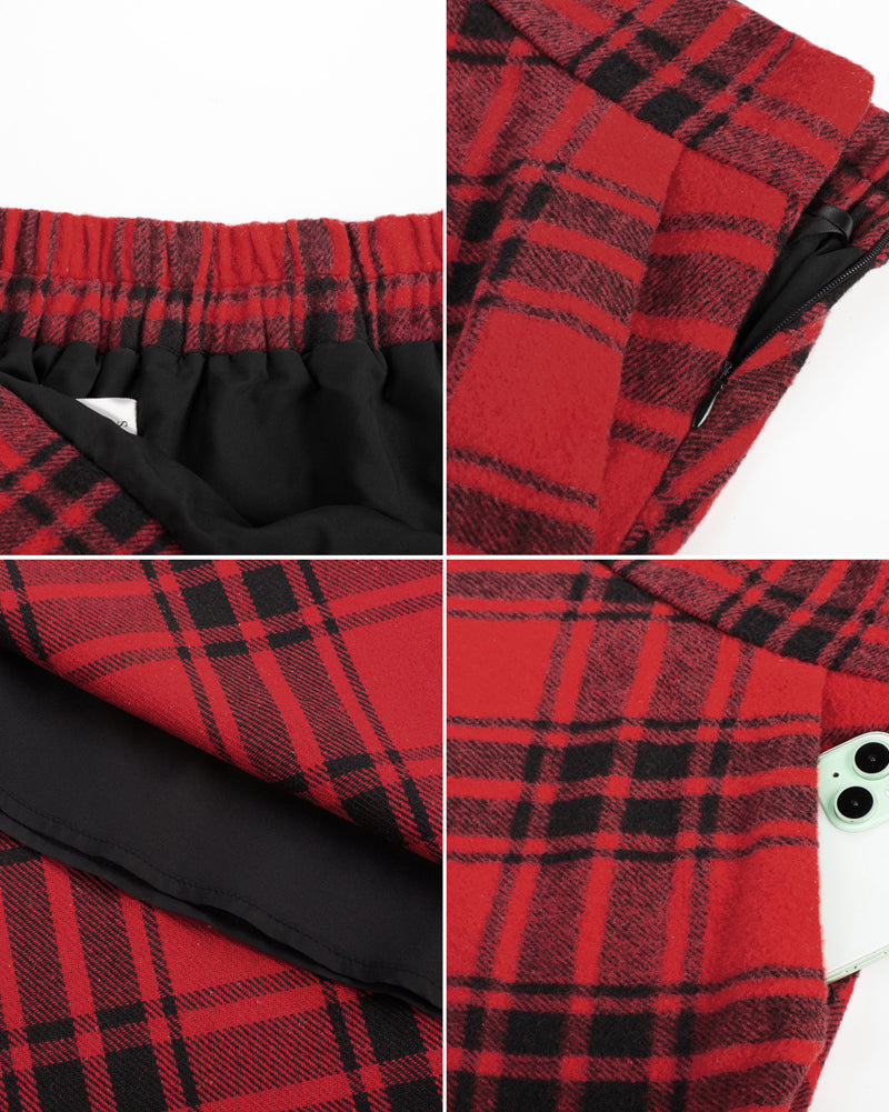 belle poque Women Vintage Plaided Swing Skirt Elastic Waist Mid-Calf Length A-Line Skirt