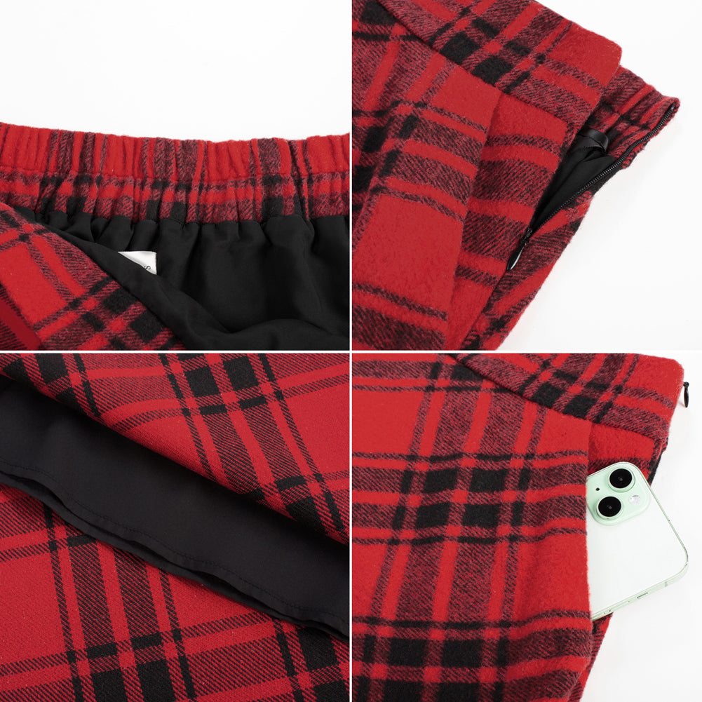 belle poque Women Vintage Plaided Swing Skirt Elastic Waist Mid-Calf Length A-Line Skirt