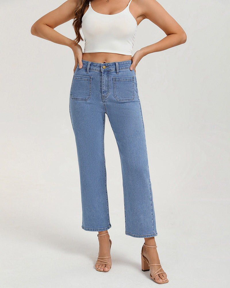 belle poque Women's Straight Leg Jeans Mid Rise Wide Leg Denim Pants with Pockets