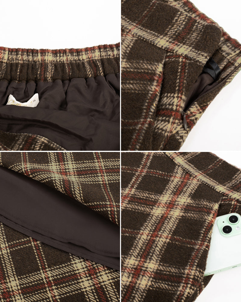 belle poque Women Vintage Plaided Swing Skirt Elastic Waist Mid-Calf Length A-Line Skirt