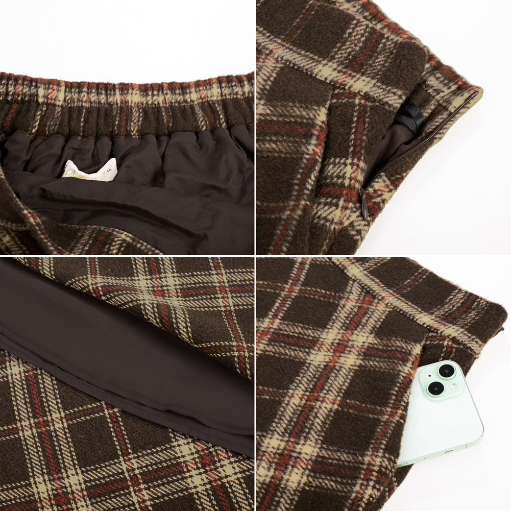 belle poque Women Vintage Plaided Swing Skirt Elastic Waist Mid-Calf Length A-Line Skirt