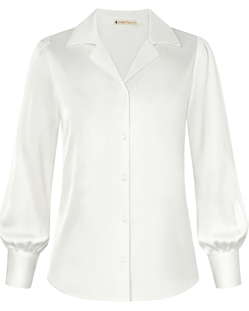 belle poque Women Vintage Shirt OL Long Sleeve Lapel Collar V-Neck Button-up Tops White