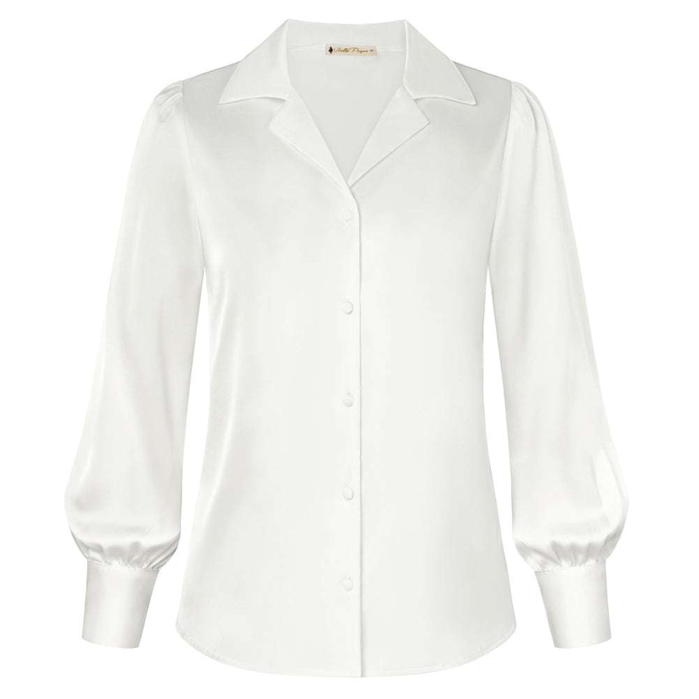 belle poque Women Vintage Shirt OL Long Sleeve Lapel Collar V-Neck Button-up Tops White