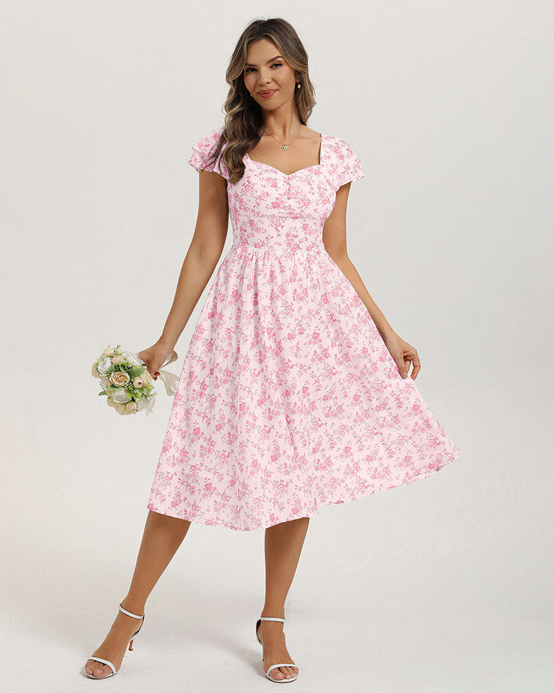 belle poque 1950s Women's Sweatheart Floral Dress Ruched Midi Garden Party Dress
