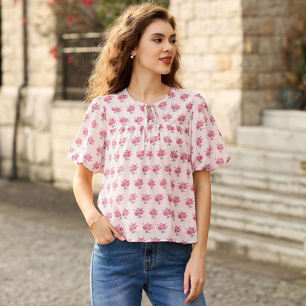 belle poque Floral Babydoll Tops for Women Puff Sleeve Tie Front Blouse Boho Tops Outfits