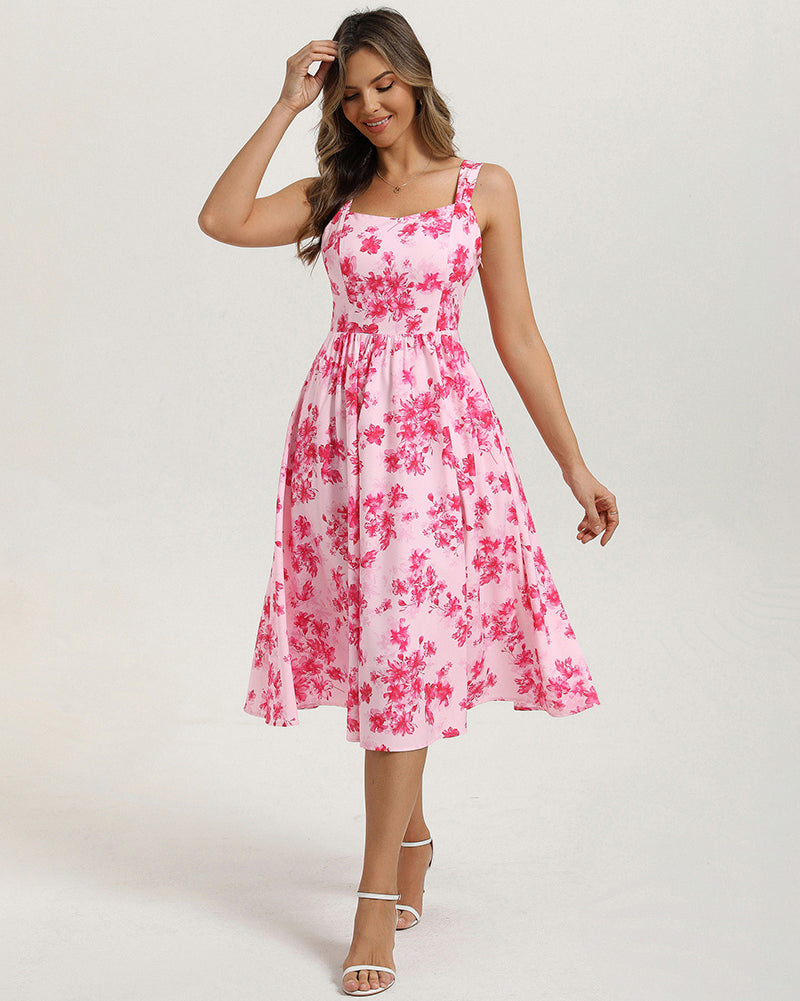 belle poque Women's Floral Midi Sundress with Pockets Spring Summer Dresses for Wedding Guest