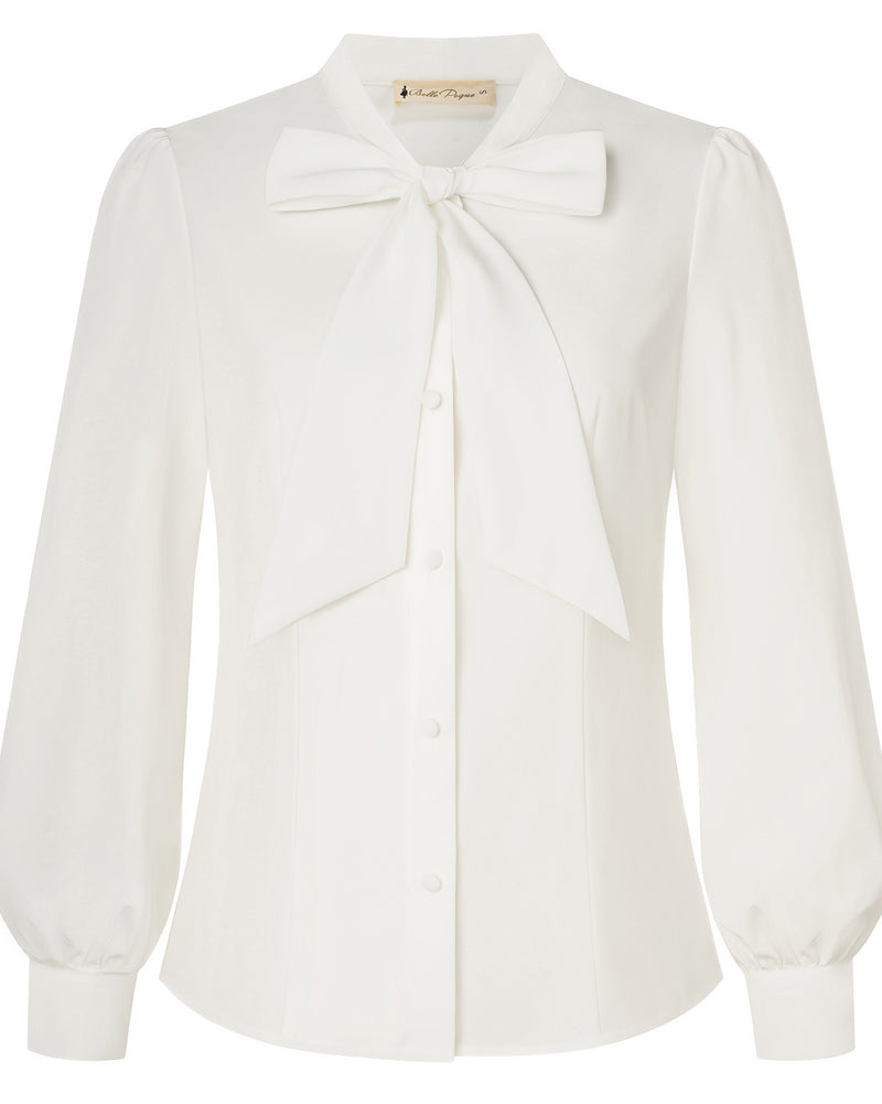 belle poque Women's Bow Tie Neck Blouse Button Down Shirt for Work Office Casual White
