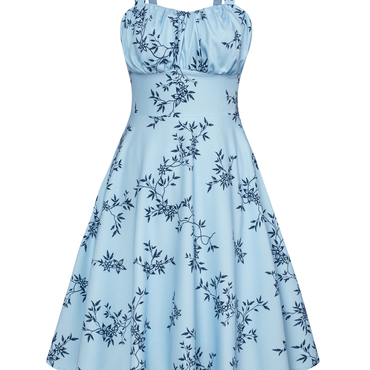 belle poque Vintage Two-Way Defined Waist Dress Ruched Bodice Flared A-Line Dress Blue Flower