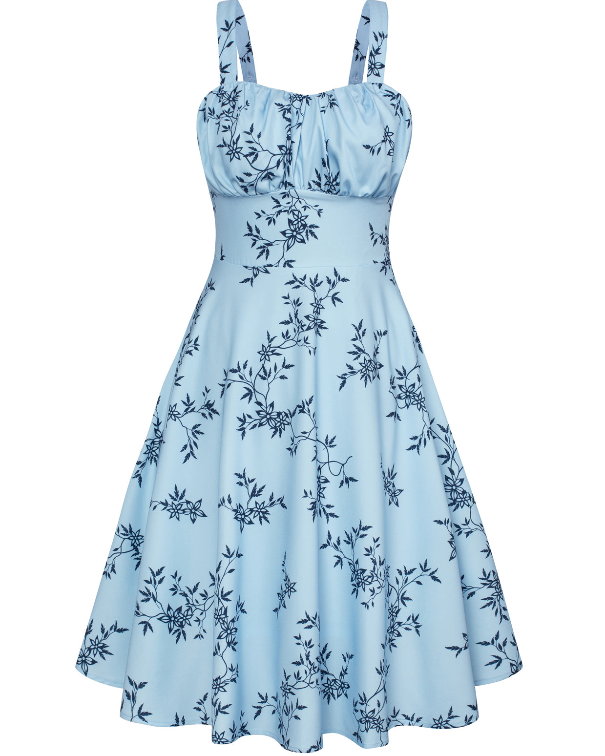 belle poque Vintage Two-Way Defined Waist Dress Ruched Bodice Flared A-Line Dress Blue Flower