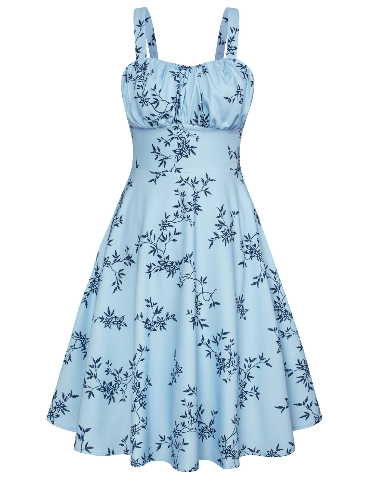 belle poque Vintage Two-Way Defined Waist Dress Ruched Bodice Flared A-Line Dress Blue Flower