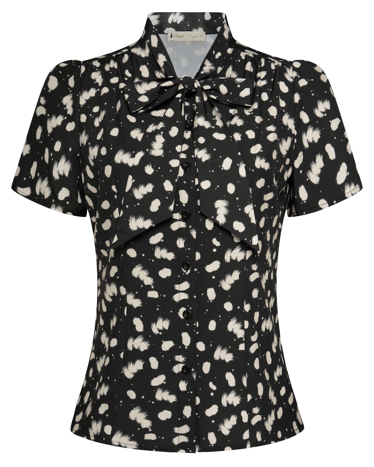 belle poque Summer Short Sleeve Office Button Down Blouse Stripe Shirt Tops with Bow Tie