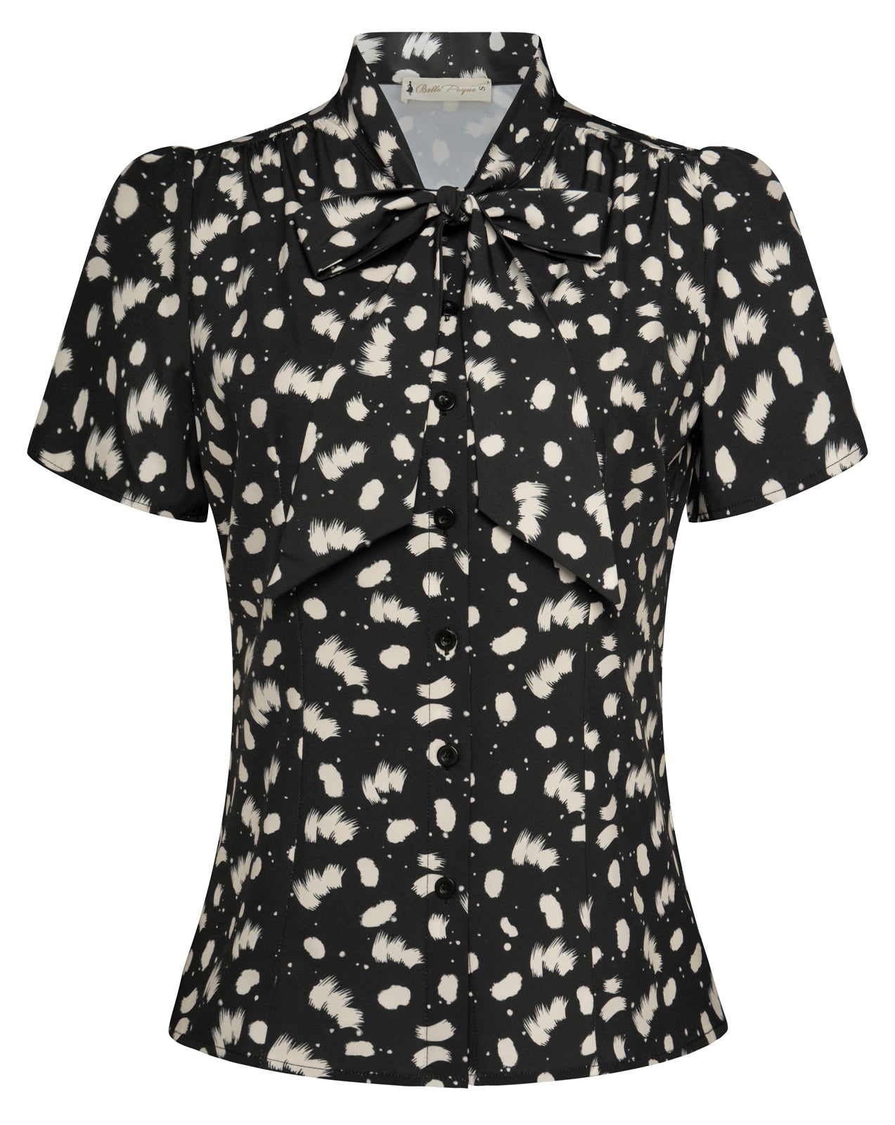 belle poque Summer Short Sleeve Office Button Down Blouse Stripe Shirt Tops with Bow Tie