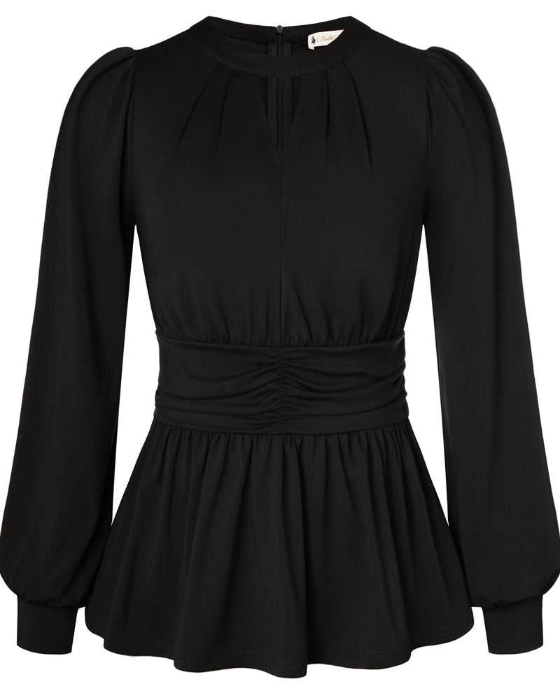 belle poque Women Retro Defined Waist Tops Long Lantern Sleeve Crew Neck Pullover Tops Black