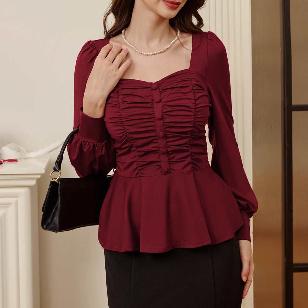 belle poque Women Vintage Ruched Tops Puffed Long Sleeve Peplum Hem Tops