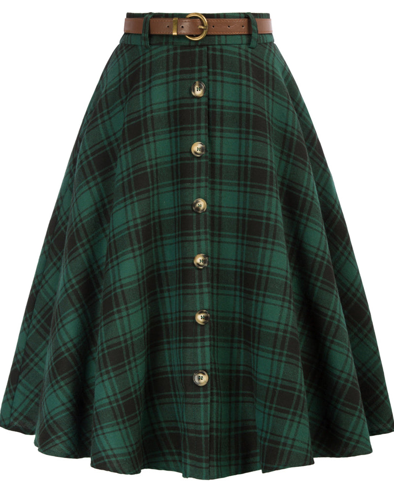 belle poque Swing Plaid Skirt with Belt Elastic High Waist Buttons Decorated Skirt Green