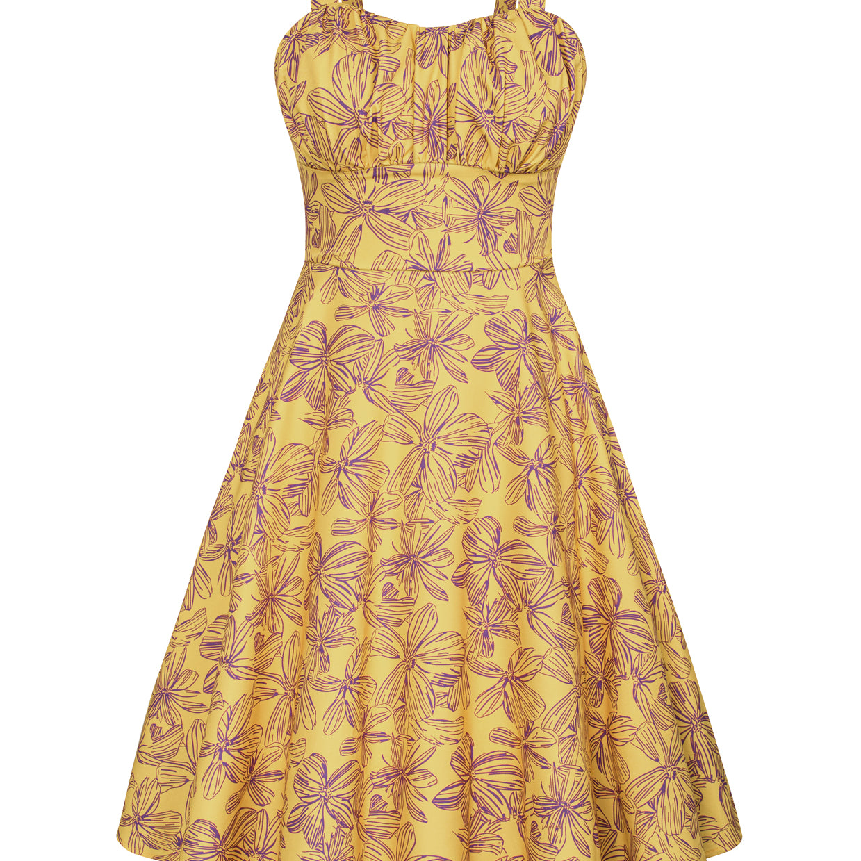 belle poque Vintage Two-Way Defined Waist Dress Ruched Bodice Flared A-Line Dress Yellow