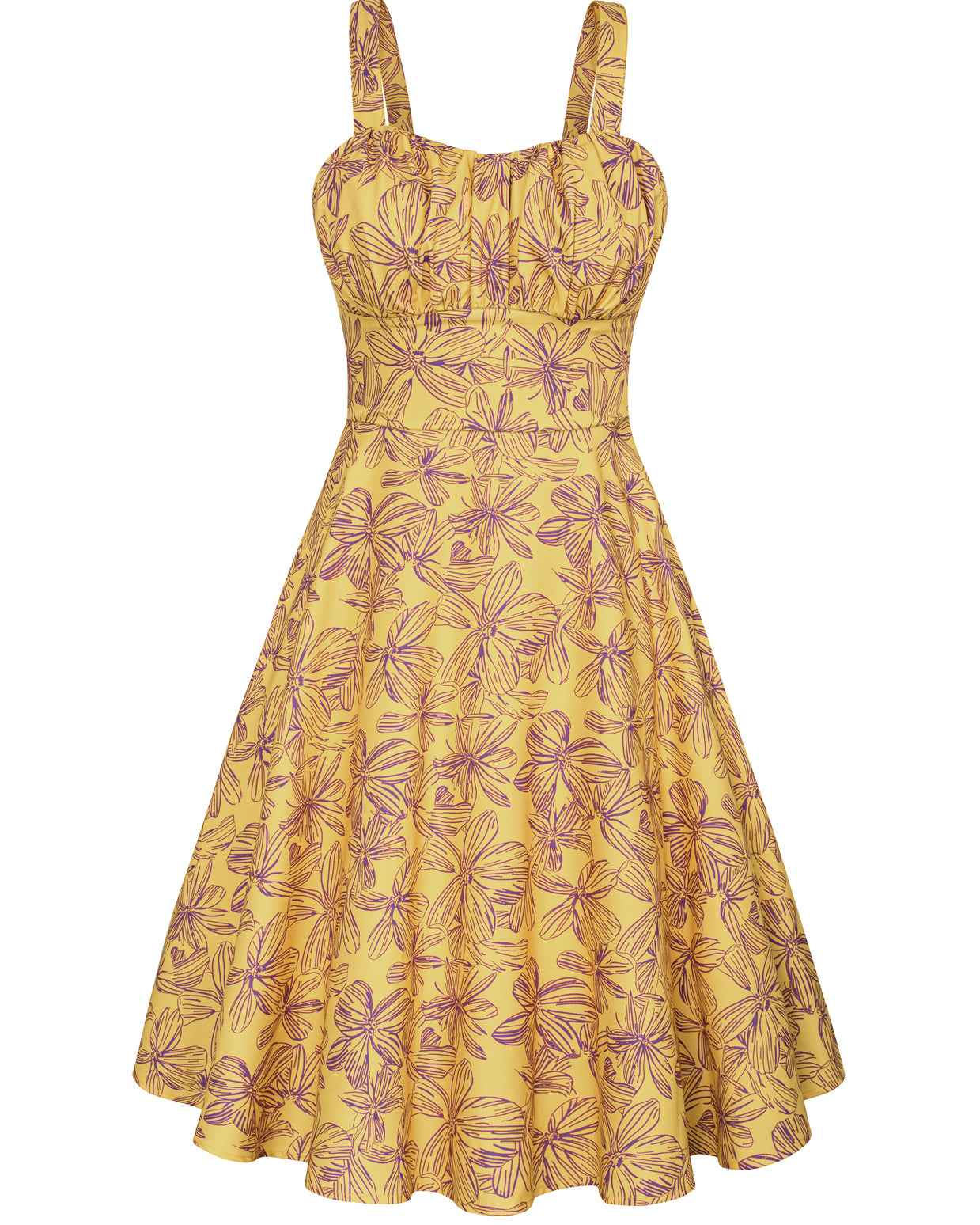 belle poque Vintage Two-Way Defined Waist Dress Ruched Bodice Flared A-Line Dress Yellow