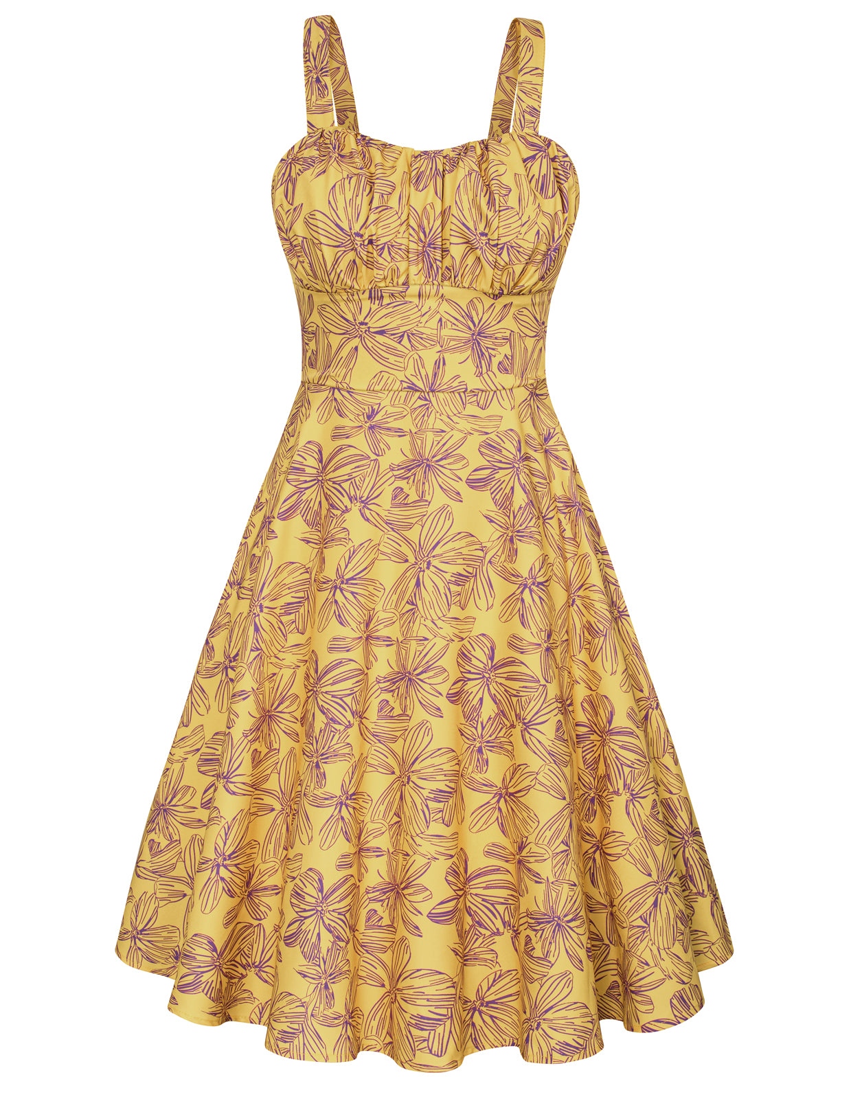 belle poque Vintage Two-Way Defined Waist Dress Ruched Bodice Flared A-Line Dress Yellow