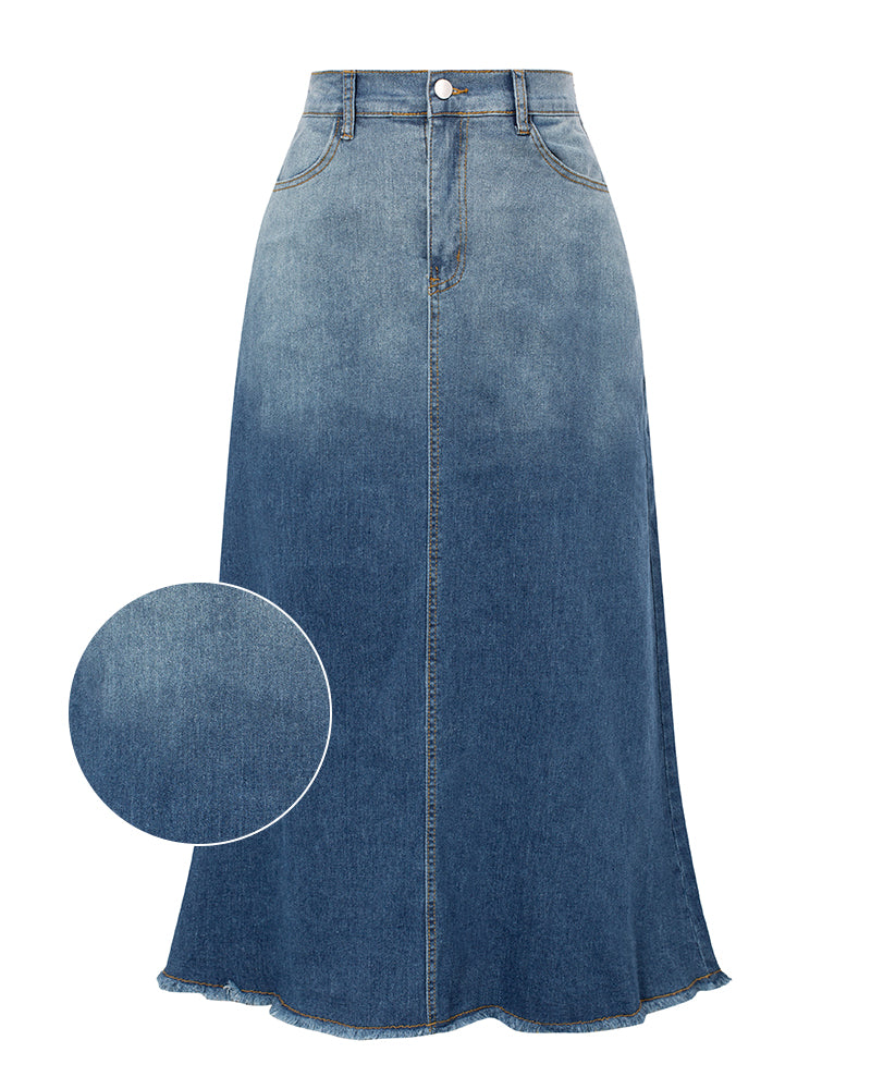 belle poque Multi-Pocket Jean Skirt Elastic High Waist Raw Hem Midi A-Line Skirt
