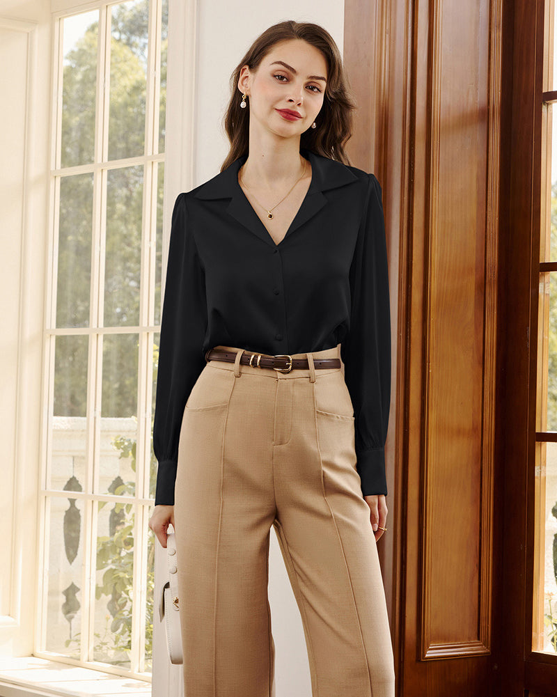 belle poque Women Vintage Shirt OL Long Sleeve Lapel Collar V-Neck Button-up Tops