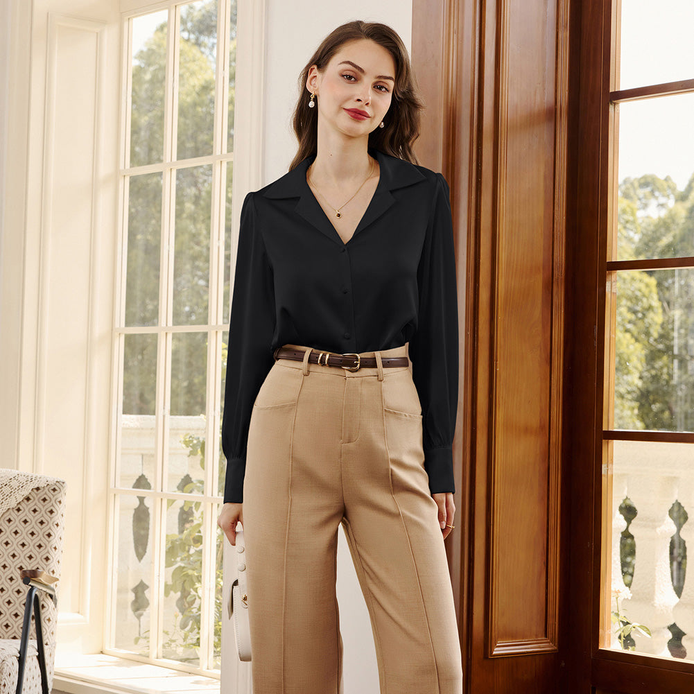 belle poque Women Vintage Shirt OL Long Sleeve Lapel Collar V-Neck Button-up Tops