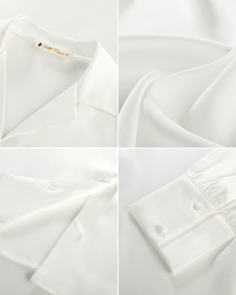 belle poque Women Vintage Shirt OL Long Sleeve Lapel Collar V-Neck Button-up Tops