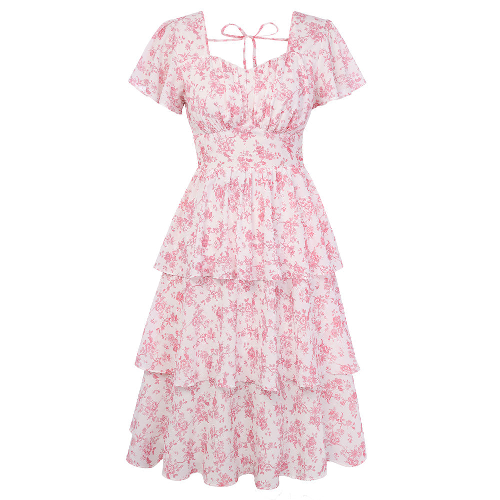 belle poque Vintage Dress 2026 Summer Layered Tiered Ruffle Swing Midi Dress Pink Floral