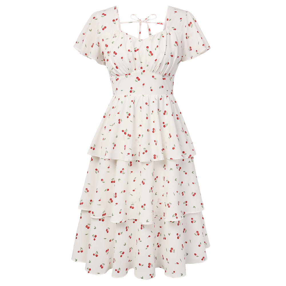belle poque Vintage Dress 2026 Summer Layered Tiered Ruffle Swing Midi Dress White Floral