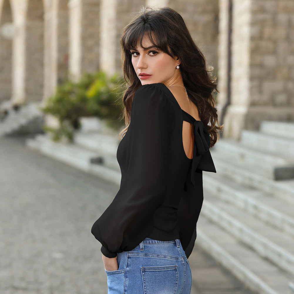 belle poque Women's Mesh Long Sleeve Tops Bow Tie Back Dressy Blouses