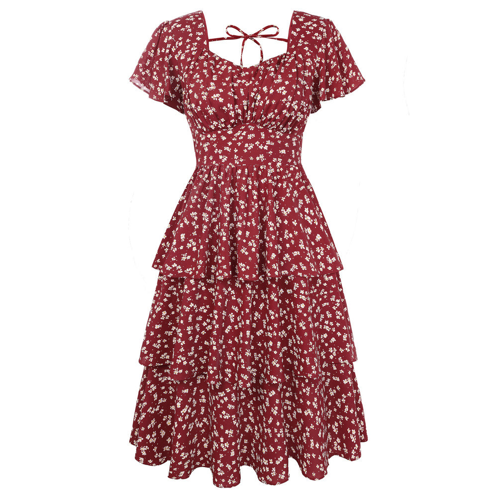 belle poque Vintage Dress 2026 Summer Layered Tiered Ruffle Swing Midi Dress Wine Floral