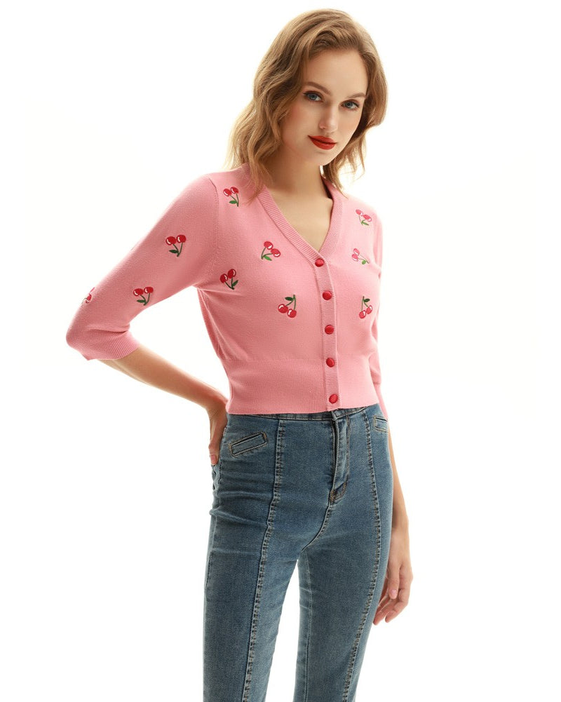 belle poque 3/4 Sleeve V-Neck Button Down Cherries Embroidery Cropped Cardigan Sweater Coat