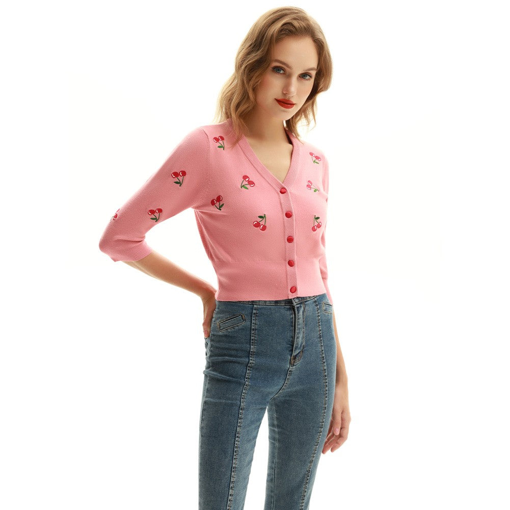 belle poque Women's 3/4 Sleeve Button Down Cherries Embroidery Cropped Cardigan Sweater Coat