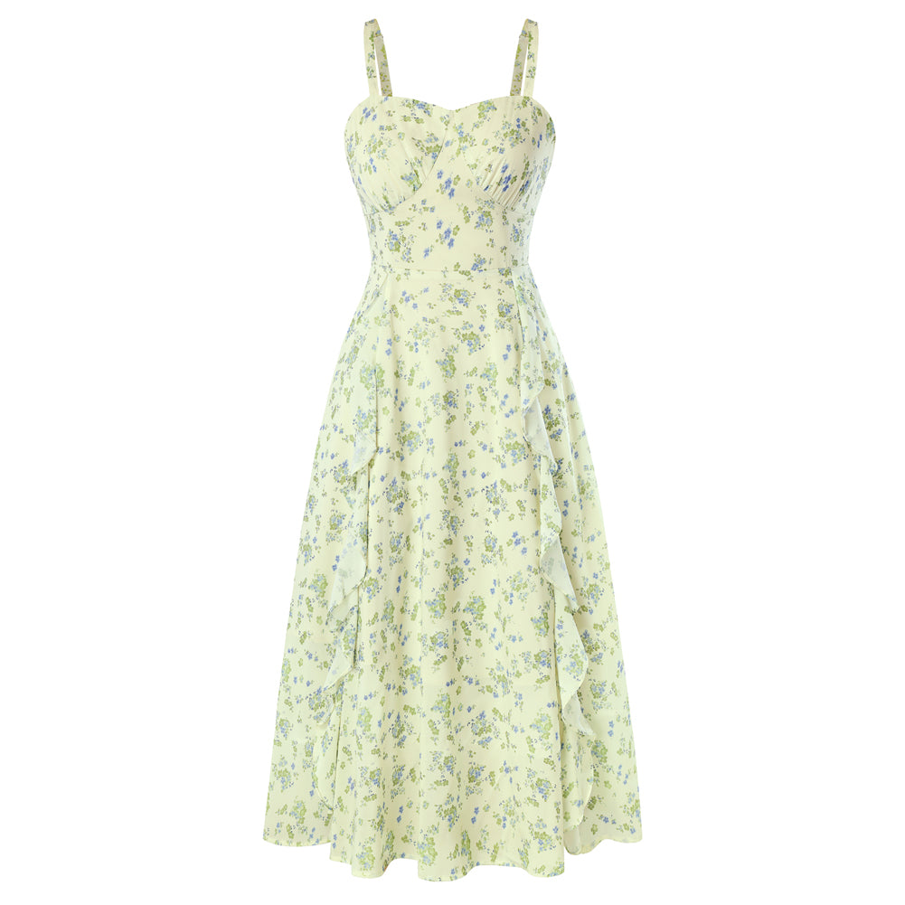 belle poque Milkmaid Dress with Ruffle Trim Empire Waist Dress for Women Summer Green Floral