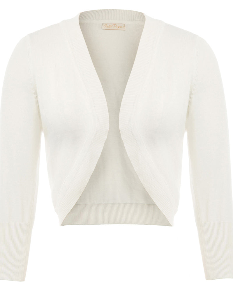 belle poque 3/4 Sleeve Bolero Shrug Open Front Knit Cropped Cardigan Sweater White